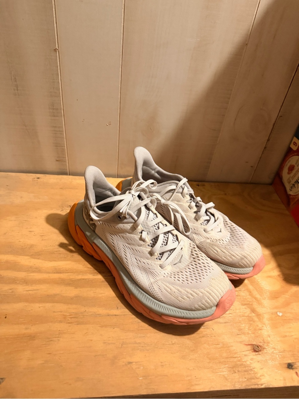 Hoka Women's Running Shoes in Light Gray with Coral and Orange Accents
